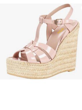 FSJ Pink Open Toe Espadrille Platform Ankle Strap Wedge Sandal Woven Cutout Shoe
